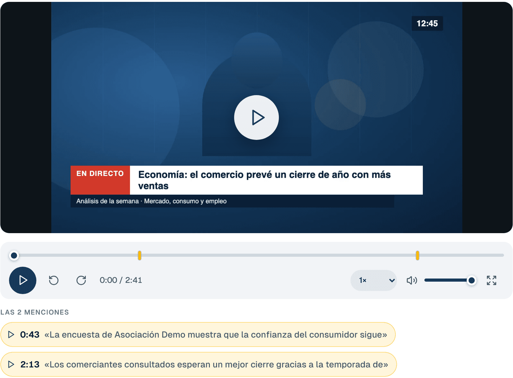La ficha de una noticia de televisión en la plataforma Stakeholders: el video con su línea de tiempo y dos menciones marcadas, a los 0:43 y a los 2:13.